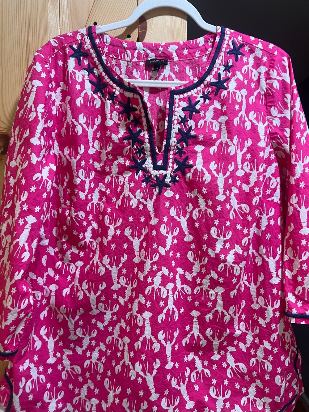 Talbots Hot Pink Lobster-Print Tunic with Navy Embroidery size x large